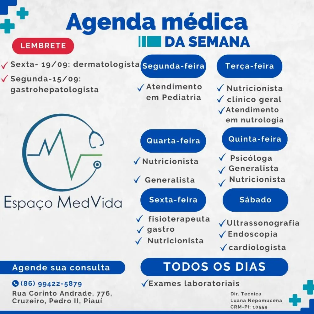 Confira a agenda semanal do Espaço MedVida: atendimento de excelência e cuidado personalizado!