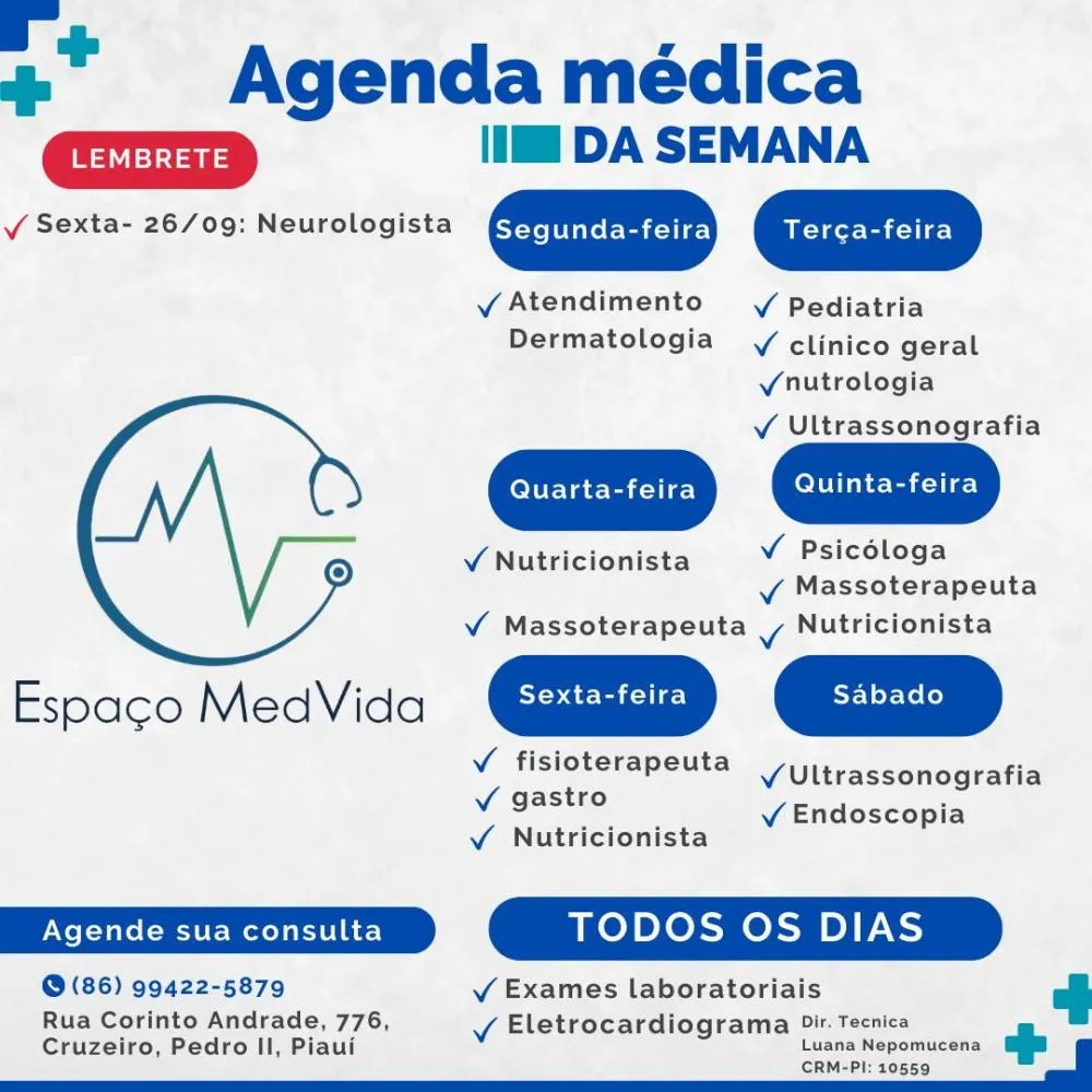 Confira a agenda semanal do Espaço MedVida: atendimento de qualidade e cuidado que transforma! 