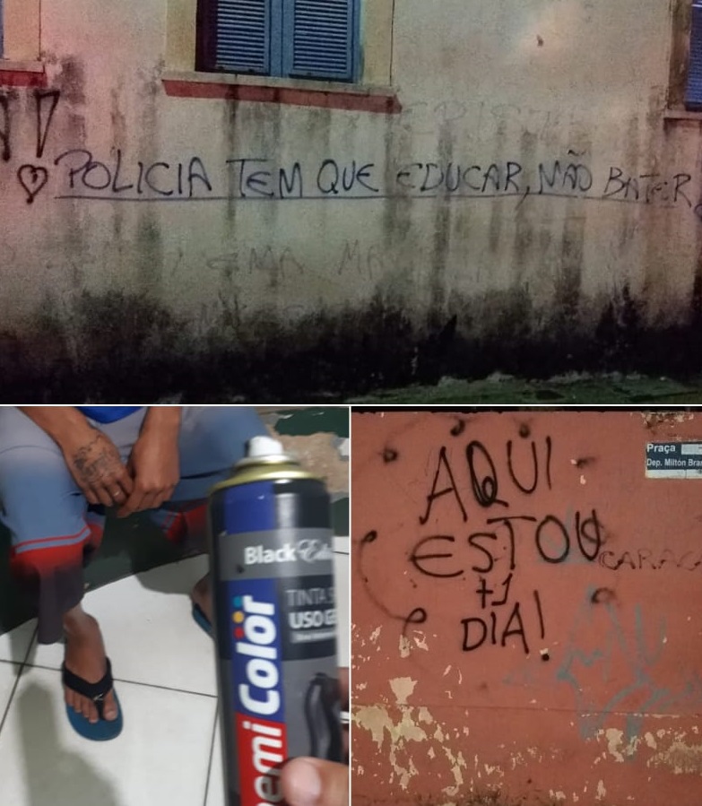 Homem é conduzido à delegacia após ser pego pichando muro e praça em Pedro II