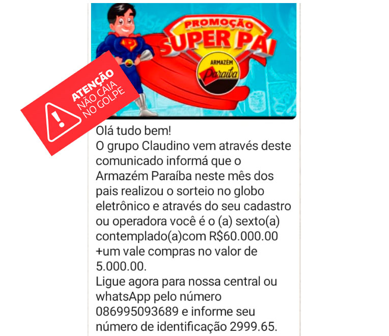 Armazém Paraíba alerta clientes para golpes em mensagens no whatsApp 
