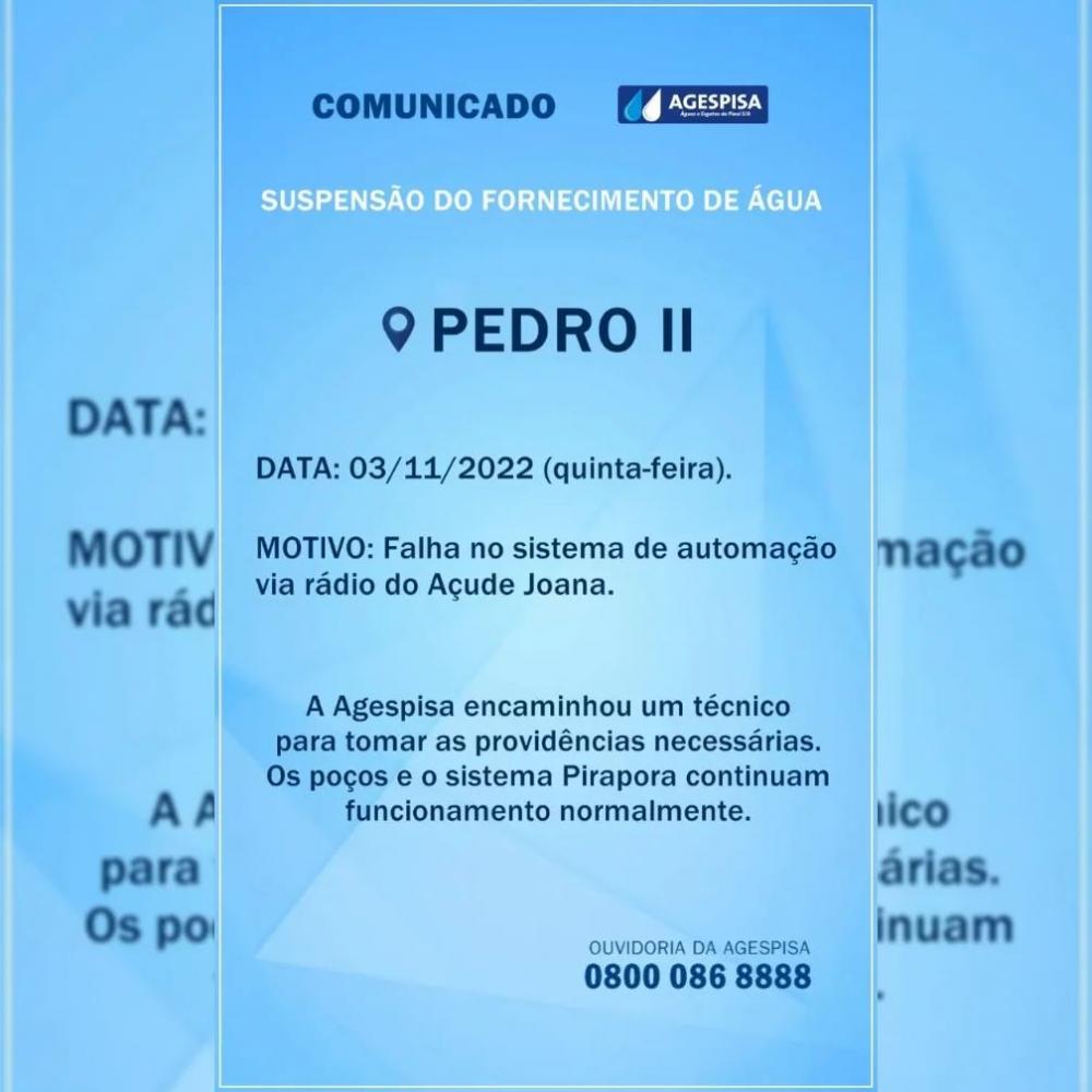 Atenção: Comunicado Agespisa de Pedro II 