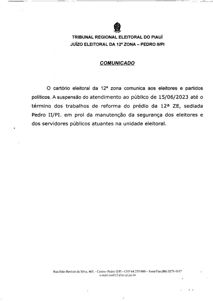 Cartório eleitoral de Pedro II suspende temporariamente atendimento ao público devido a reformas no prédio
