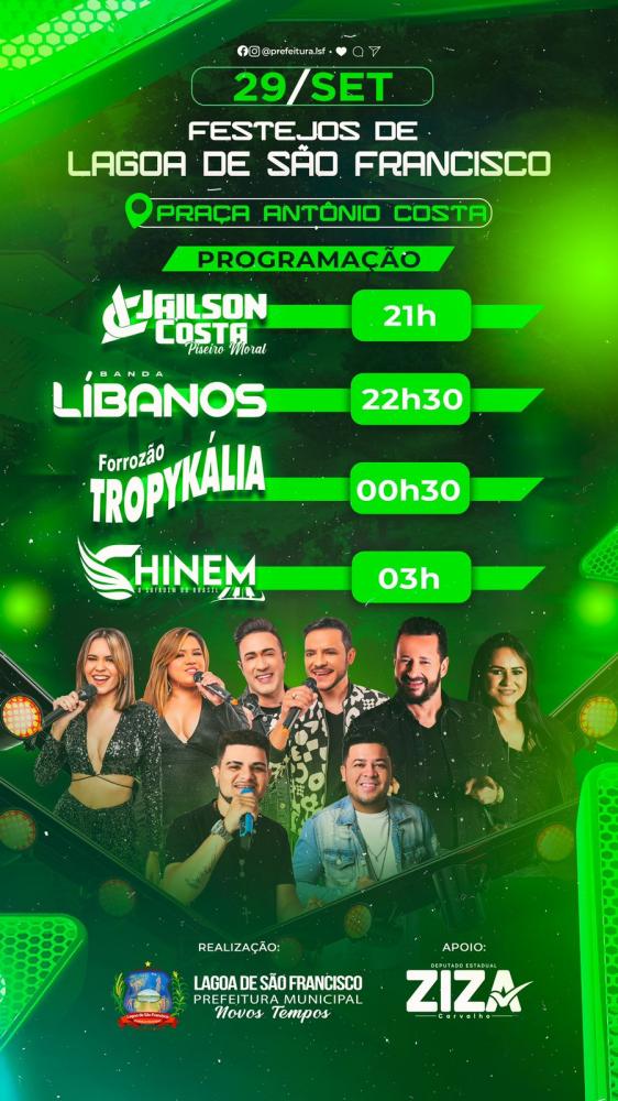 É hoje! Não perca Banda Libanos e Forrozão Tropykália nos festejos de Lagoa de São Francisco!