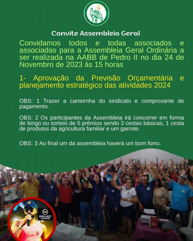 Sindicato dos Trabalhadores Rurais de Pedro II convida associados para a Assembleia Geral