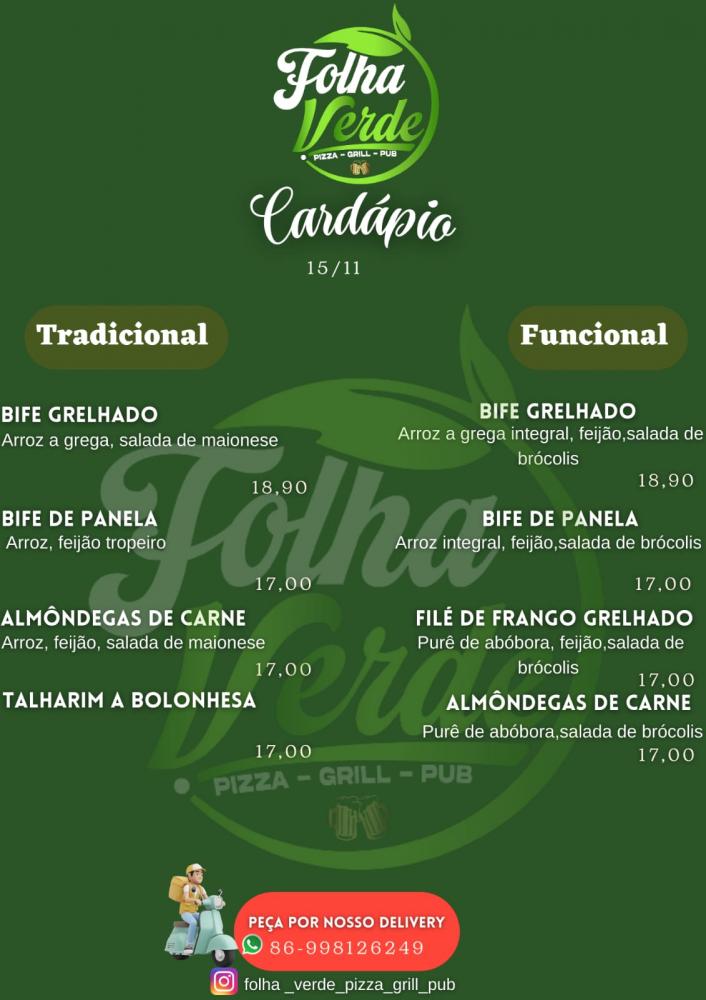 Confira o cardápio desta quarta-feira do Restaurante Folha Verde; faça já o seu pedido!