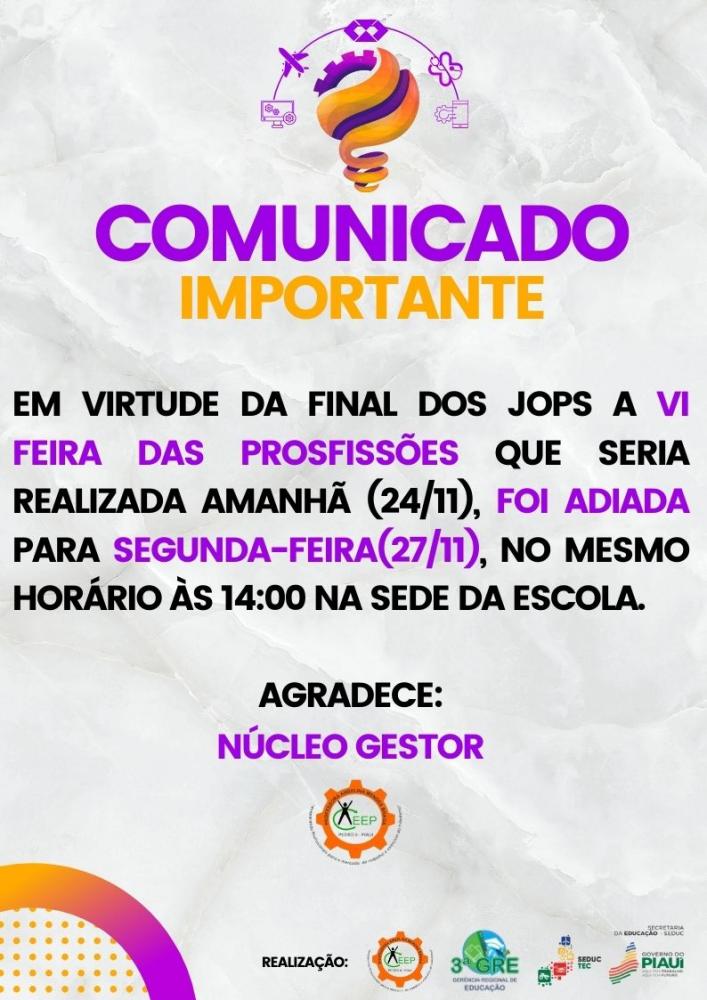 CEEP Angelina Mendes Braga adia a Feira das Profissões para o dia 27 devido aos JOPS