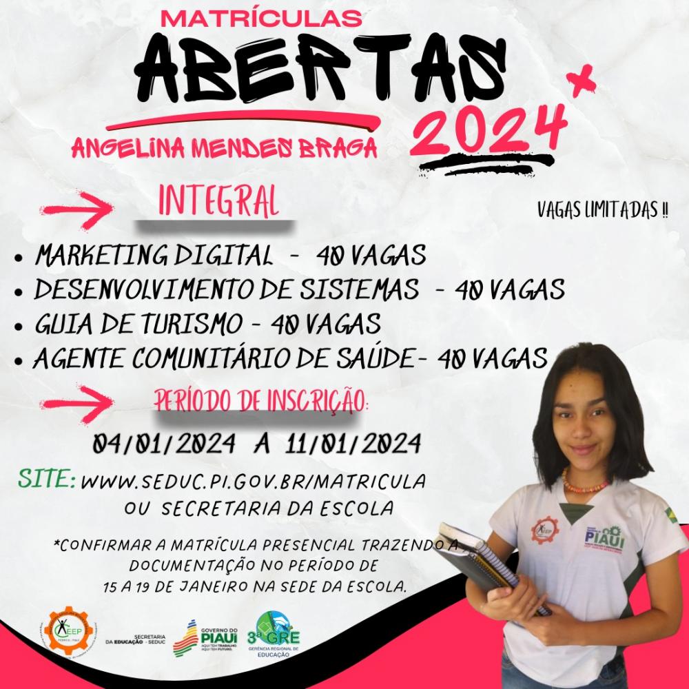 CEEP Angelina Mendes Braga de Pedro II está com matrículas abertas para Cursos Técnicos em 2024