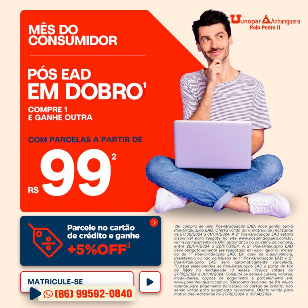 Invista no seu futuro com a Pós EAD em dobro da Unopar/Anhanguera polo Pedro II!