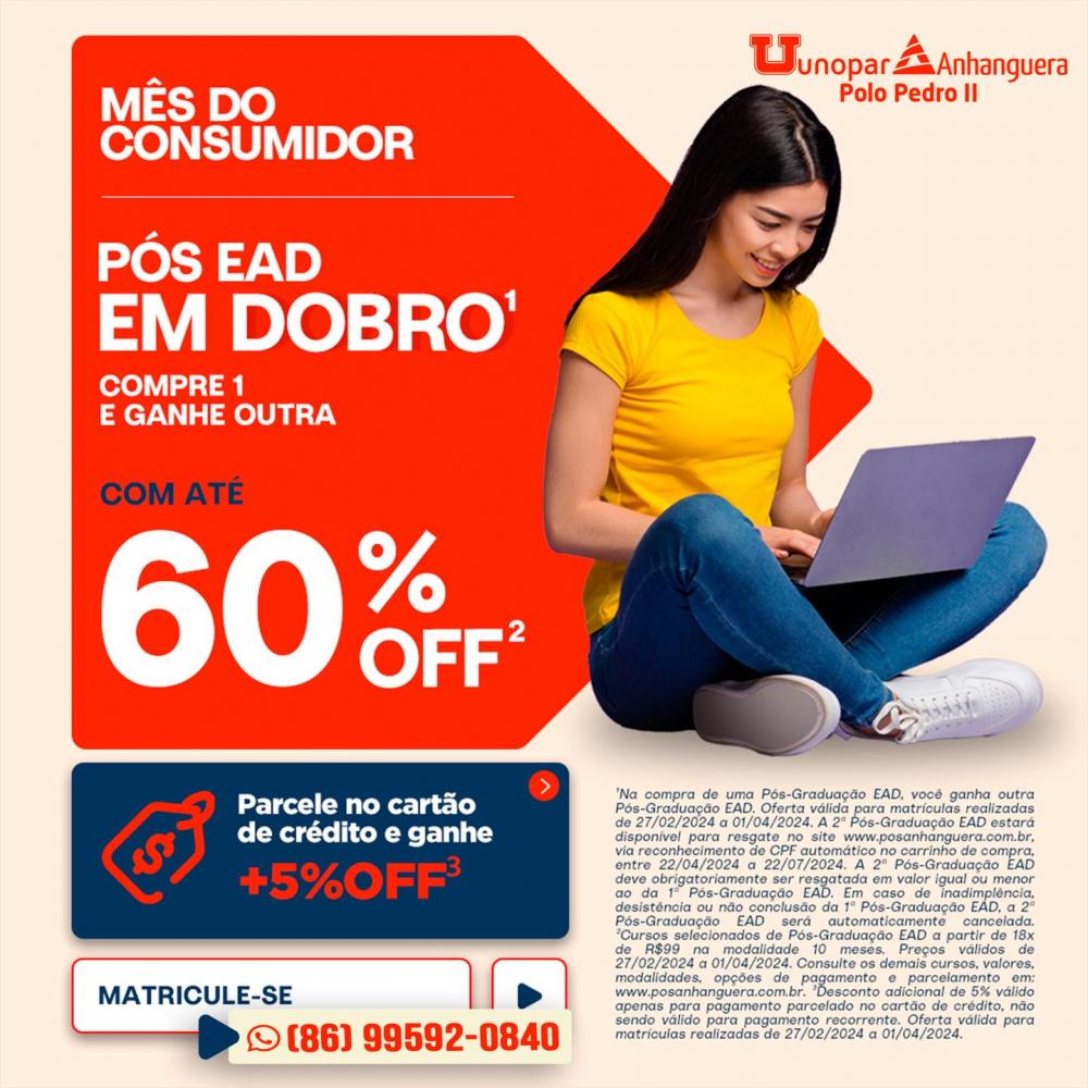 Dobre suas oportunidades, invista no seu futuro com a Pós EAD em dobro da Unopar/Anhanguera polo Pedro II!