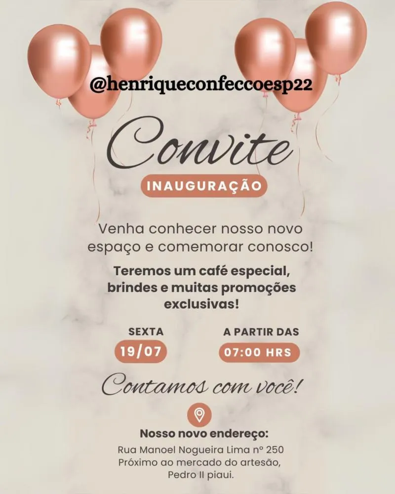 Será nessa sexta-feira (19) a grande inauguração da nova Loja Henrique Confecções em Pedro II, não perca!