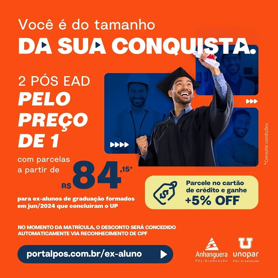 Promoção imperdível: Duas pós-graduações pelo preço de uma na Unopar/Anhanguera polo Pedro II!