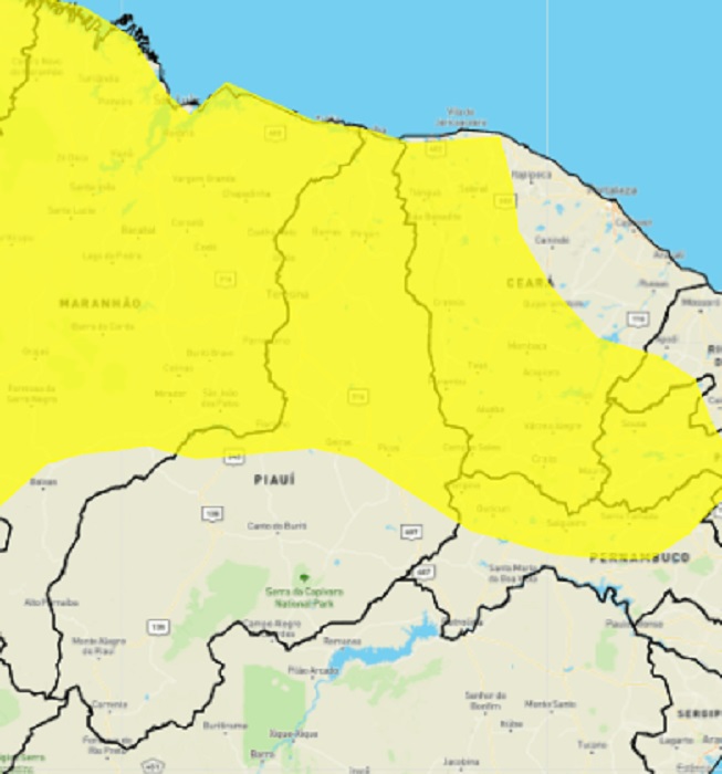 Inmet alerta para chuvas intensas e ventos em várias cidades do Piauí