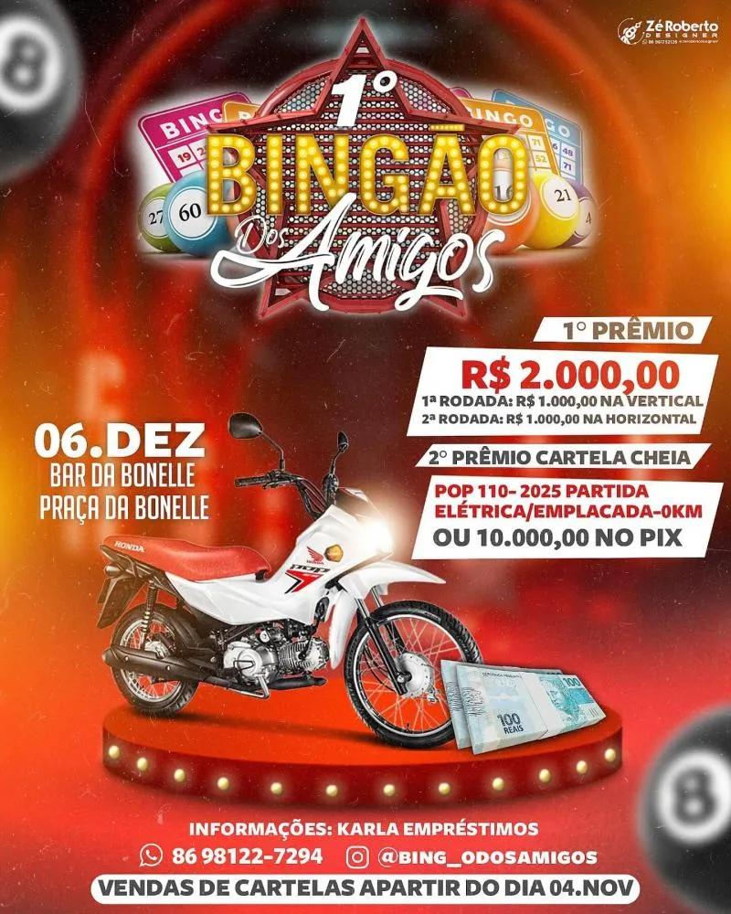 Quer ganhar uma Pop 110 zerada? Então não perca o grande Bingão dos Amigos, adquira já a sua cartela!