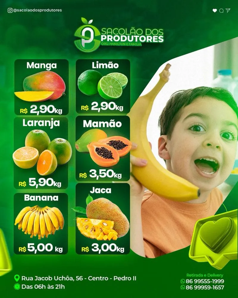 Aproveite as ofertas do Sacolão dos Produtores e leve frutas de qualidade para sua casa com os menores preços de Pedro II!