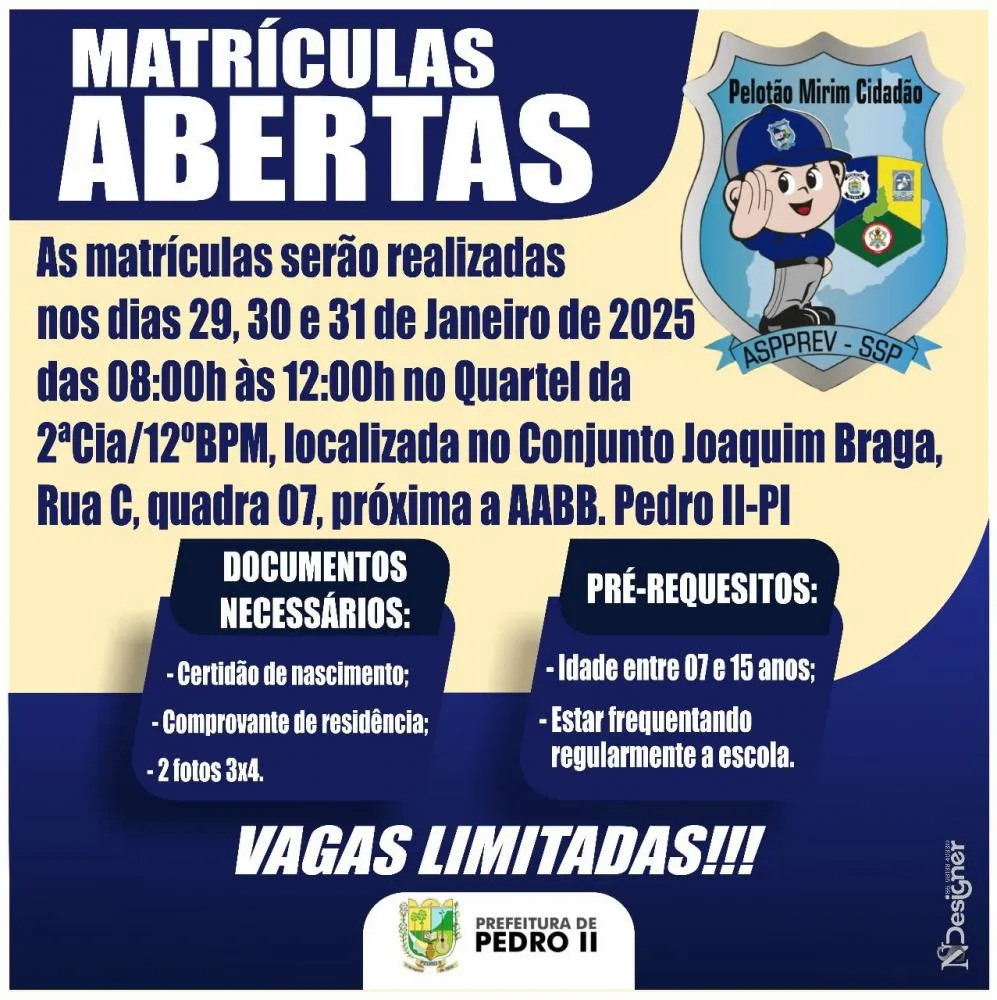 Inscrições para o Pelotão Mirim de Pedro II começam em 29 de janeiro