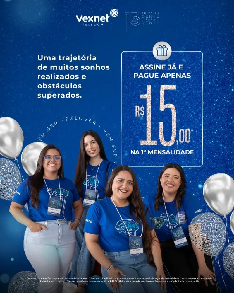 Aproveite a promoção imperdível da Vexnet, com a primeira mensalidade por apenas R$15,00!