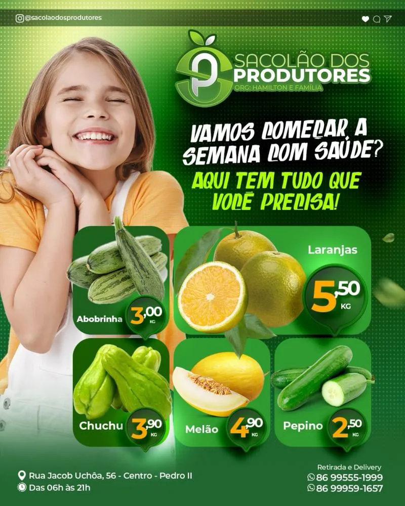 Encontre frutas e verduras fresquinhas com os melhores preços de Pedro II no Sacolão dos Produtores!