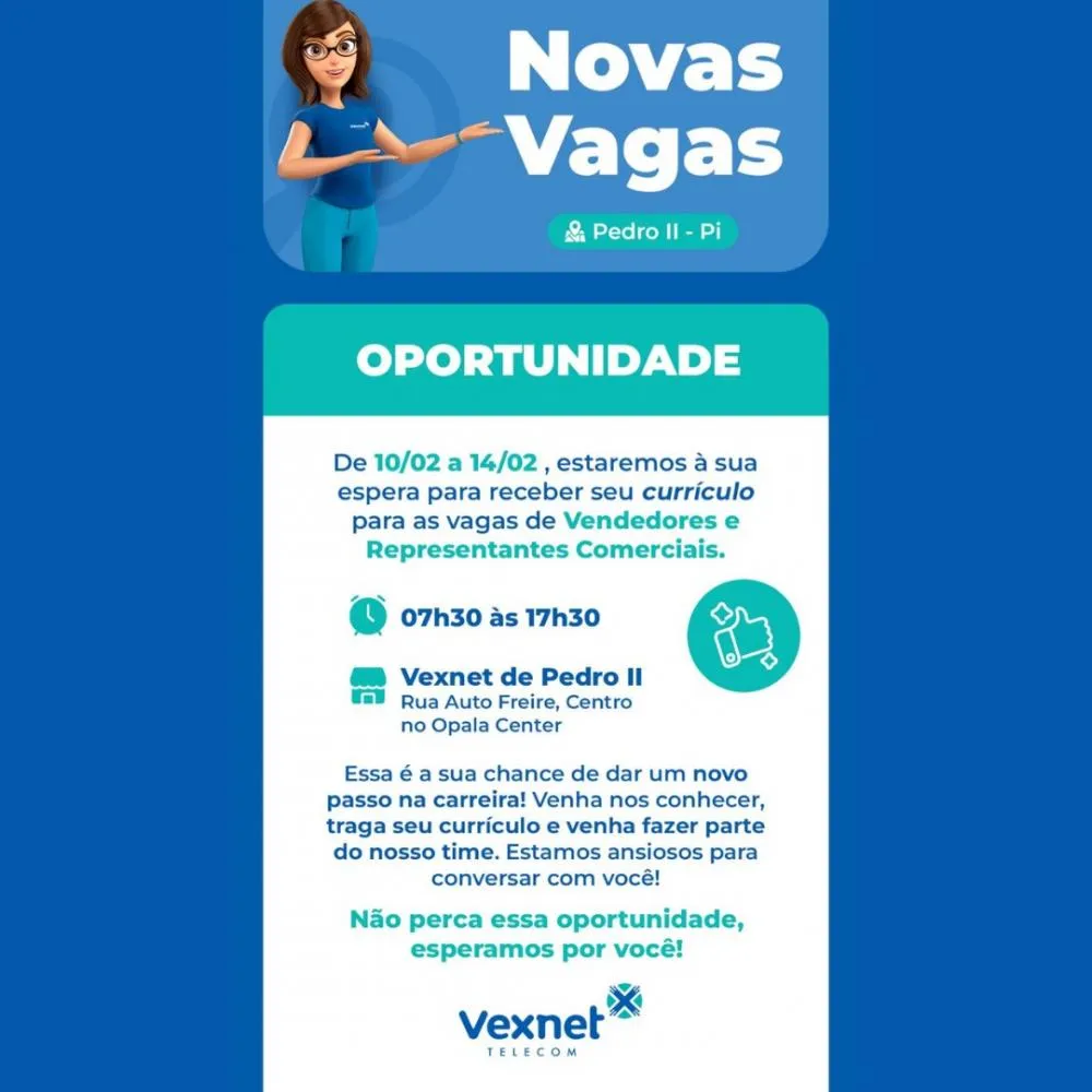Oportunidade de emprego - Piripiri e Pedro II 