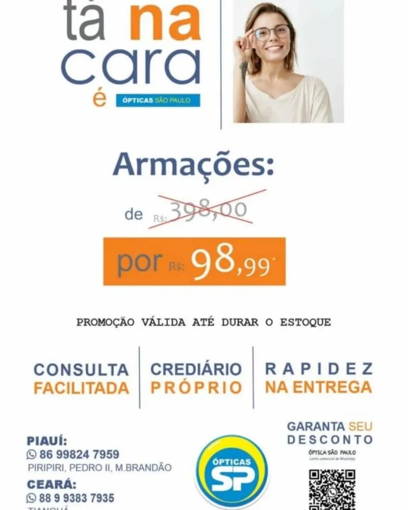 Imperdível nas Ópticas São Paulo: Armações de R$398 por apenas R$98,99!
