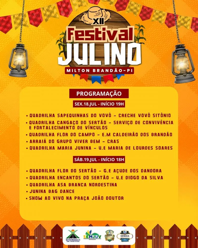 Prefeitura de Milton Brandão divulga programação oficial do 12º Festival Julino
