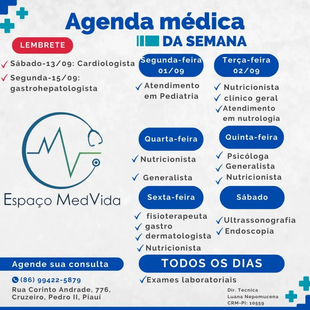 Confira a agenda médica do Espaço MedVida em Pedro II e garanta já o seu atendimento!